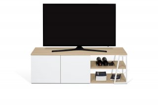 Meuble TV design ALBI finition structure chêne façade blanc mat